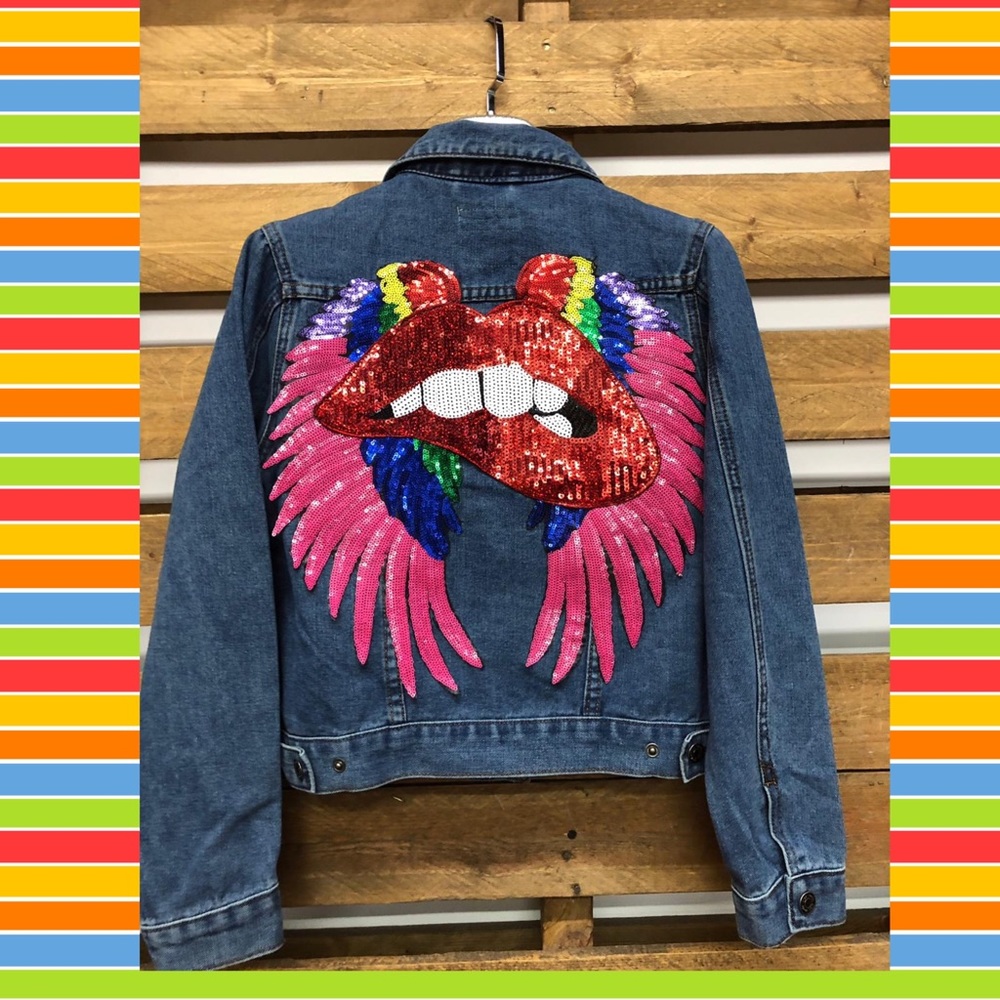 Pink, Rainbow Sequin Lips & Wings Denim Jacket - Picture 3 of 8